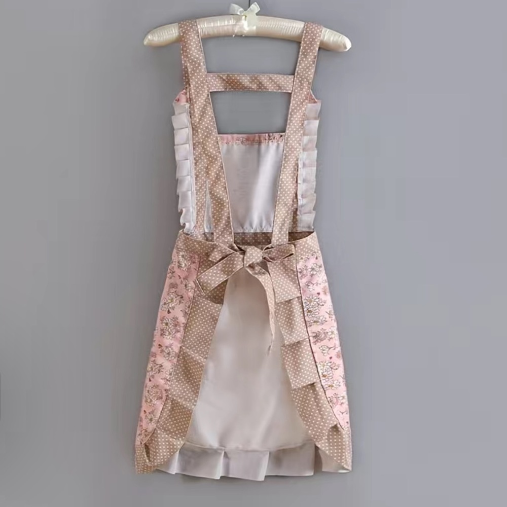 Apron Retro Bib Style Adjustable Waist Tie Floral Polka Dot Womens Pink Tan OS - Picture 3 of 16